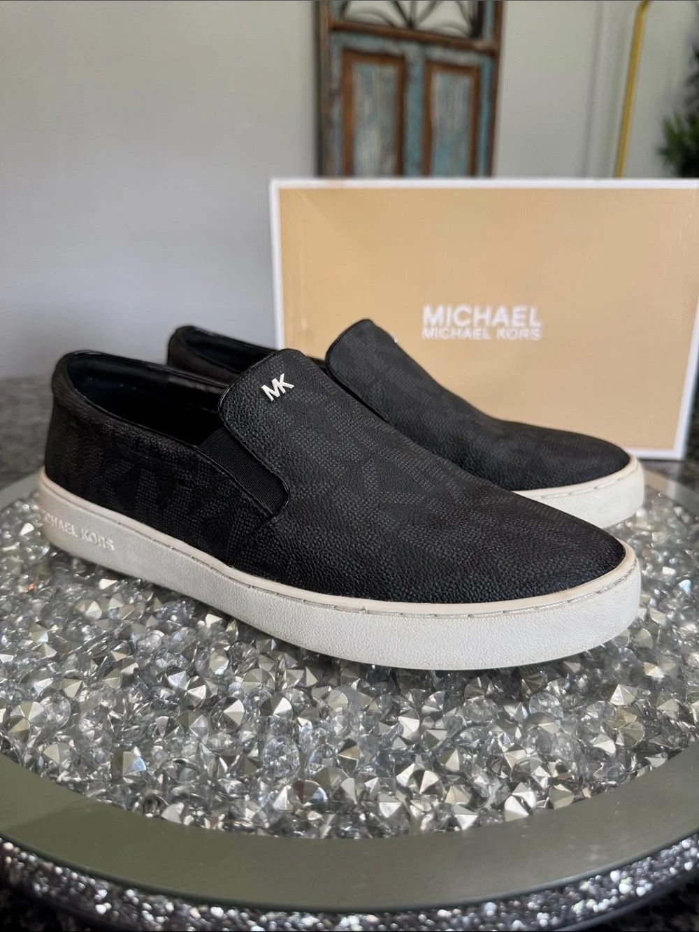 Michael Kors Black Logo-Print Slip-On Flats with White Sole